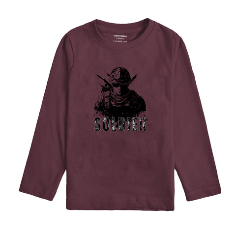 SOLDIER PRINTED BURGUNDY BOYS LONF SELEEVE T.SHIRT