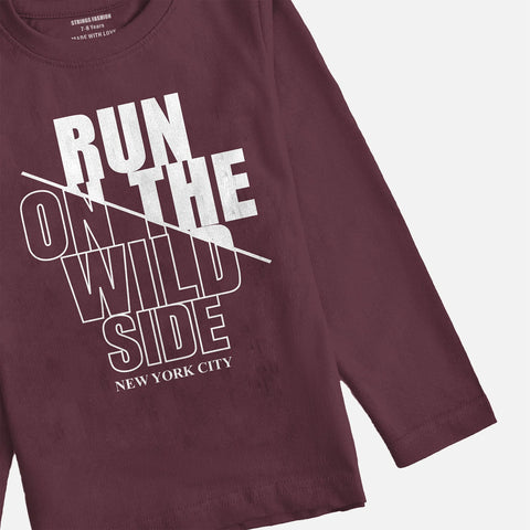 RUN ON THE WILD SIDE BURGUNDY BOYS LONG SLEEVE T.SHIRT