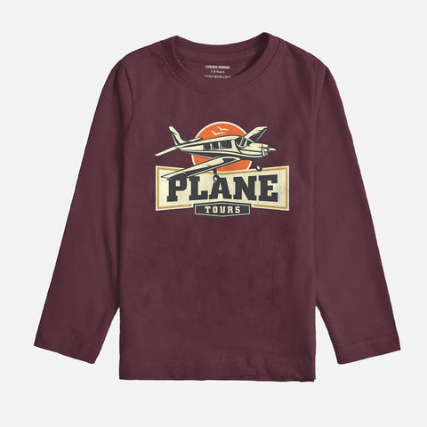 PLANE PRINTED BURGUNDY BOYS LONG SLEEVE T.SHIRT