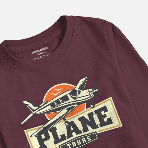PLANE PRINTED BURGUNDY BOYS LONG SLEEVE T.SHIRT