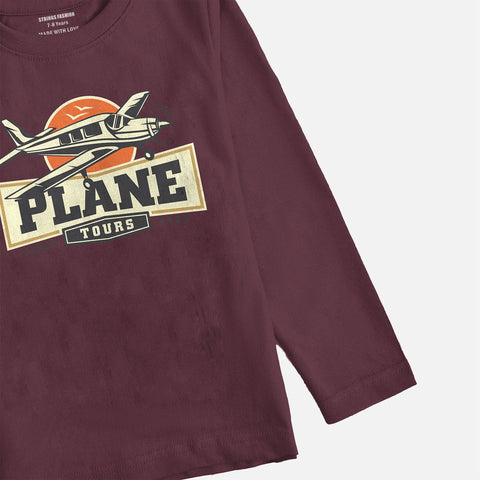 PLANE PRINTED BURGUNDY BOYS LONG SLEEVE T.SHIRT