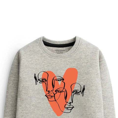 Digital Printed Heart Caligraphy Junior Grey Header Color Girls Long Sleeve Sweat-Shirt