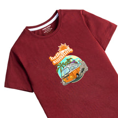 DIGITAL HELLO SUNSHINE PRINTED MEHROON JUNIOR BOYS T.SHIRT