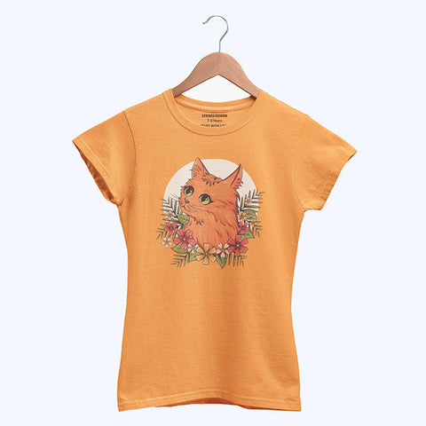 DIGITAL PRINTED CUTE CAT JUNIOR BLAZING ORANGE COLOR GIRLS T.SHIRT