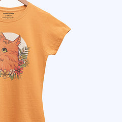 DIGITAL PRINTED CUTE CAT JUNIOR BLAZING ORANGE COLOR GIRLS T.SHIRT
