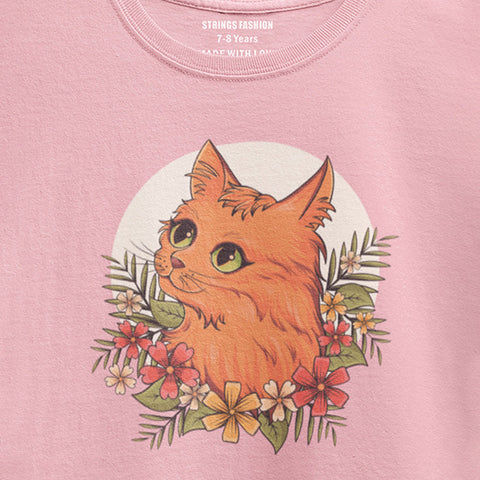 CUTE CAT JUNIOR TICKLED PINK COLOR GIRLS T-SHIRT