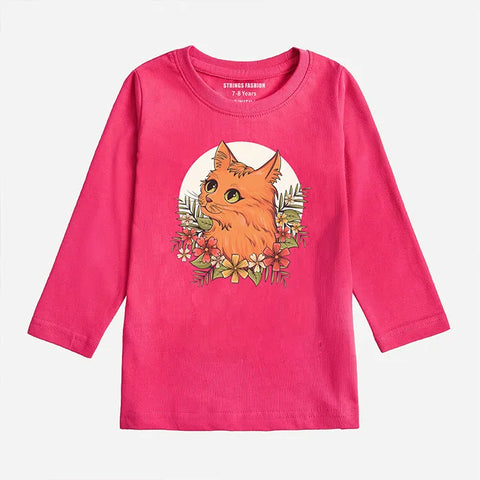 DIGITAL PRINTED CUTE CAT PARADISE PINK GIRLS LONG SLEEVE T.SHIRT