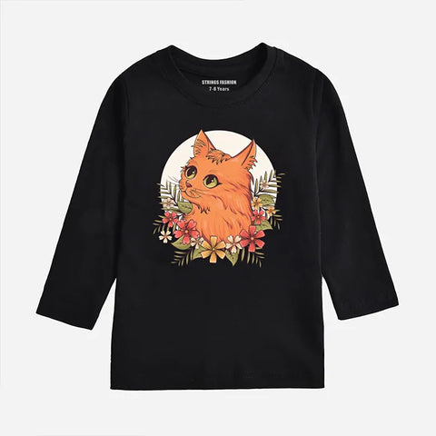 DIGITAL PRINTED CUTE CAT JET BLACK GIRLS LONG SLEEVE T.SHIRT