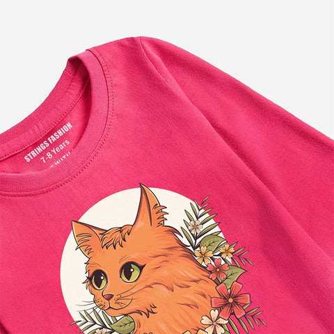 DIGITAL PRINTED CUTE CAT PARADISE PINK GIRLS LONG SLEEVE T.SHIRT