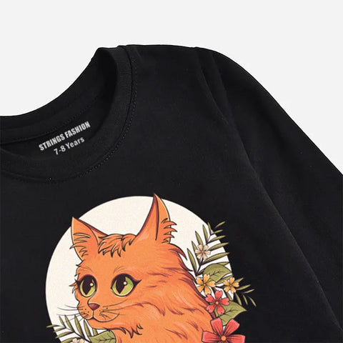 DIGITAL PRINTED CUTE CAT JET BLACK GIRLS LONG SLEEVE T.SHIRT