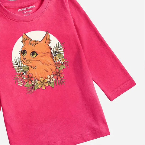 DIGITAL PRINTED CUTE CAT PARADISE PINK GIRLS LONG SLEEVE T.SHIRT