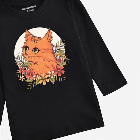 DIGITAL PRINTED CUTE CAT JET BLACK GIRLS LONG SLEEVE T.SHIRT