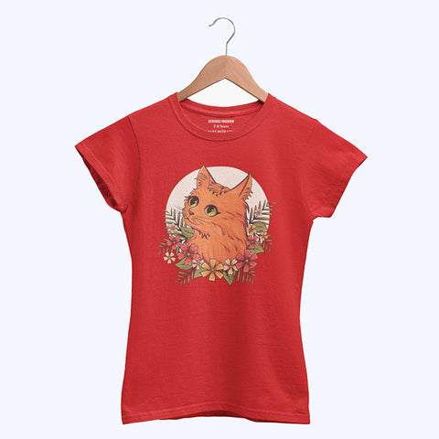 DIGITAL PRINTED CUTE CAT JUNIOR FIERY RED COLOR GIRLS T.SHIRT