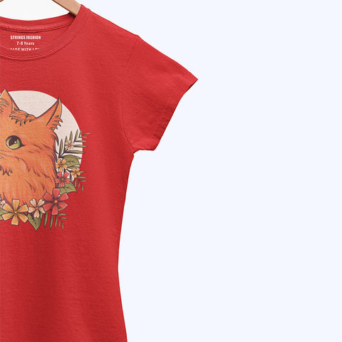 DIGITAL PRINTED CUTE CAT JUNIOR FIERY RED COLOR GIRLS T.SHIRT
