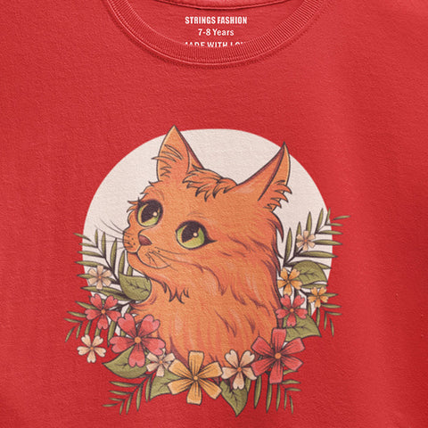 DIGITAL PRINTED CUTE CAT JUNIOR FIERY RED COLOR GIRLS T.SHIRT