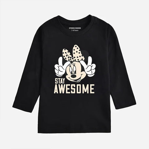 DIGITAL PRINTED STAY AWESOME JET BLACK GIRLS LONG SLEEVE T.SHIRT