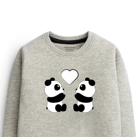 Digital Printed Couple Panda Junior Grey Header Color Girls Long Sleeve Sweat-Shirt