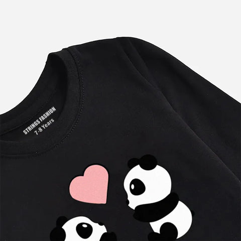 PANDA COUPLE JET BLACK GIRLS LONG SLEEVE T-SHIRT