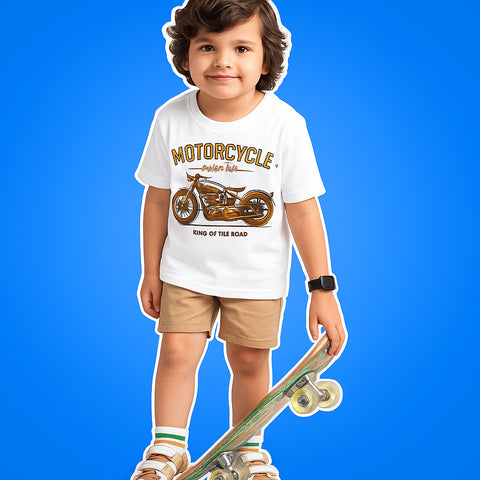 VINTAGE BIKE BOYS SHORT SLEEVE WHITE T.SHIRT & PLANE PRINTED SHORTS (SF-29117)