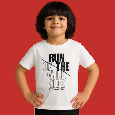 RUN ON THE WILD SIDE PRINTED WHITE JUNIOR BOYS T.SHIRT